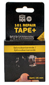 Kartong med text: "101 REPAIR TAPE+", "Selvvulkaniserende/Självvulkaniserande", "Sort | 25 mm". Bild av snurrat band runt rör.
