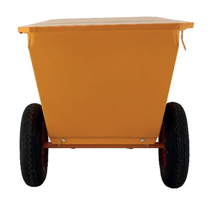 Gul avfallscontainer på hjul, sedd framifrån.