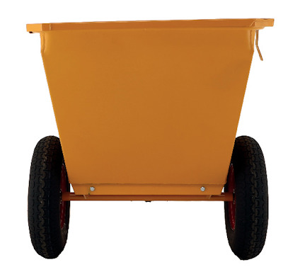 Gul, rektangulär behållare med två stora svarta hjul och orange fälgar.