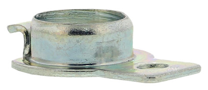 Metallisk rörklämma med platt bas och ett monteringshål. Cylinderformad design.