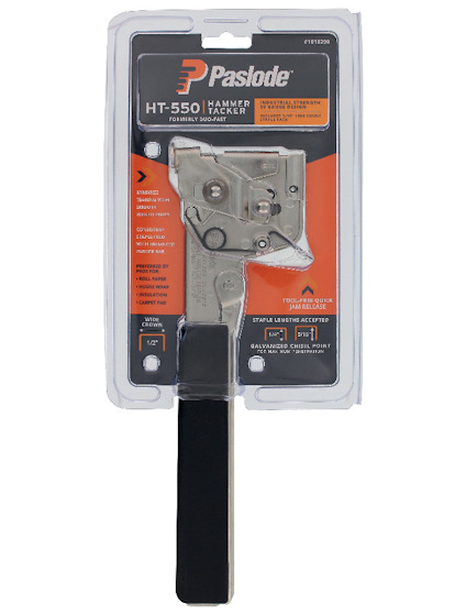 Paslode HT-550 hammertacker i förpackning med svart handtag och orange bakgrund.