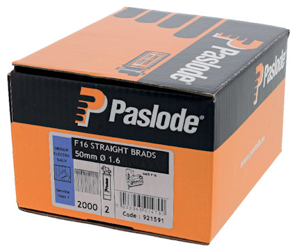 Förpackning med Paslode F16 Straight Brads, 50mm 1.6, innehållande 2000 stycken.