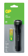 Ficklampa och batteri i en förpackning, märkt "GP LED Flashlight 50 Lumens". Grön och transparent förpackning.