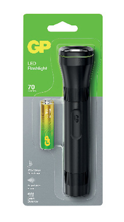Förpackning med GP LED-ficklampa och ett batteri. 70 lumen och justerbar fokus.