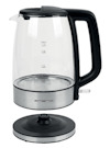 Elektrisk vattenkokare i glas med svart handtag, graderad till max 1,7 liter. Basenhet av rostfritt stål.