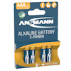 Förpackning med fyra AAA 1.5V Ansmann X-Power alkaliska batterier.