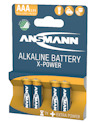 Förpackning med åtta AAA 1,5V alkaliska batterier från Ansmann, märkta "X-Power" och "Extra Power".