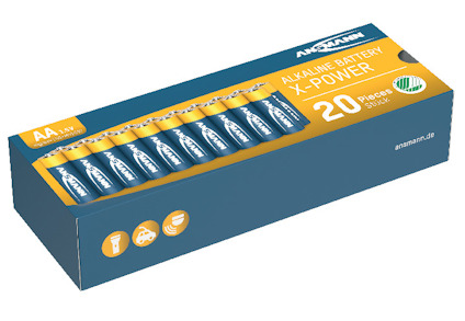 Förpackning med 20 stycken Ansmann AA 1.5V alkaliska batterier, X-Power.