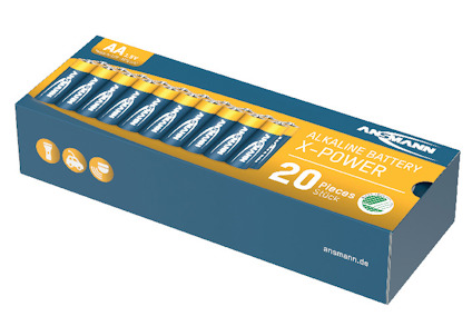 Förpackning med 20 st AA-alkaliska batterier, märket Ansmann, X-Power.