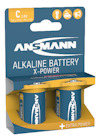 Förpackning med två blå Ansmann Alkaline X-Power C-batterier, 1.5V.