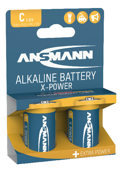 Förpackning med två blå Ansmann Alkaline X-Power C-batterier, 1.5V.