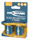 Två blå Ansmann alkaliska C-batterier i förpackning, märkta "X-Power" och "Extra Power".