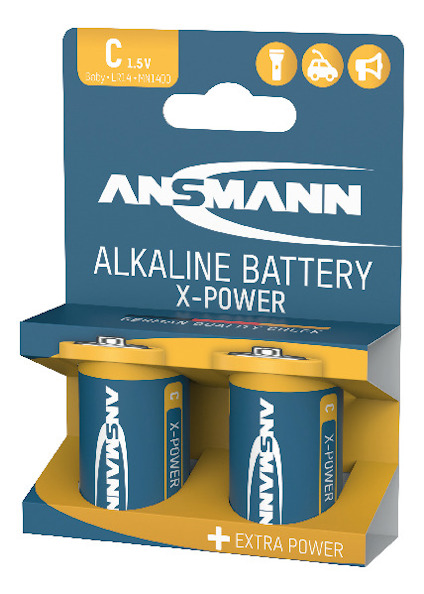 Två blå Ansmann alkaliska C-batterier i förpackning, märkta "X-Power" och "Extra Power".