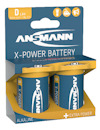 Förpackning med två Ansmann X-Power D-alkaliska batterier, 1,5V, extra power.