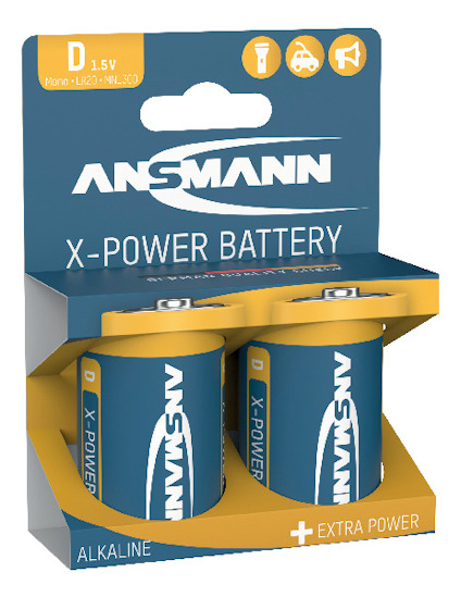 Förpackning med två Ansmann X-Power D-alkaliska batterier, 1,5V, extra power.