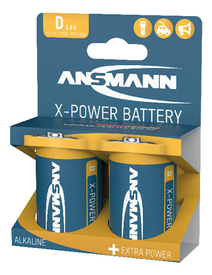 Förpackning med två Ansmann X-Power alkaliska D-batterier, 1,5V.