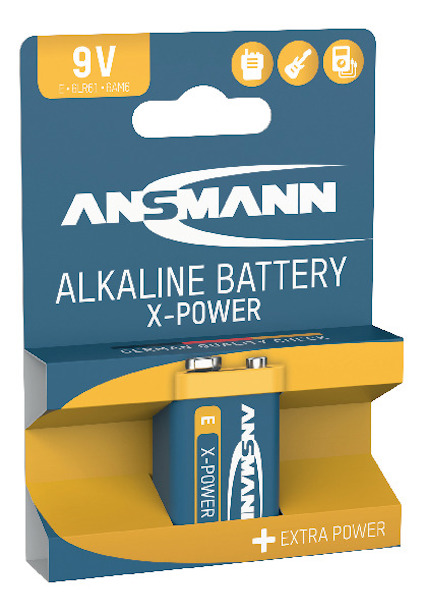Förpackning med ANSMANN X-Power 9V alkaliskt batteri, blå och gul design med text "EXTRA POWER".