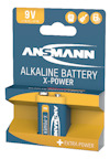 9V batteri, märkt "Ansmann Alkaline Battery X-Power." Förpackning i blått och orange med texten "German Quality Since 1991."