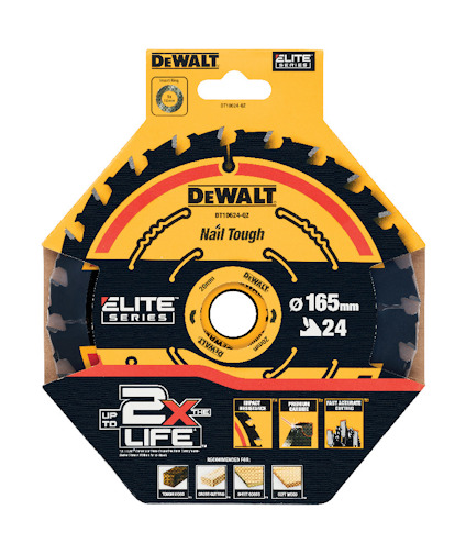 Förpackning med runt sågblad, märkt "DEWALT", diameter 165 mm, 24 tänder, "Nail Tough".