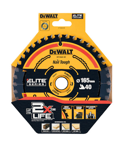 Cirkelsågsklinga, DeWalt, Nail Tough, 165mm, 40 tänder, Elite Series.