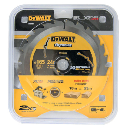Förpackning med DeWalt sågklinga, 165 mm, 24 tänder, för XR FlexVolt-systemet.