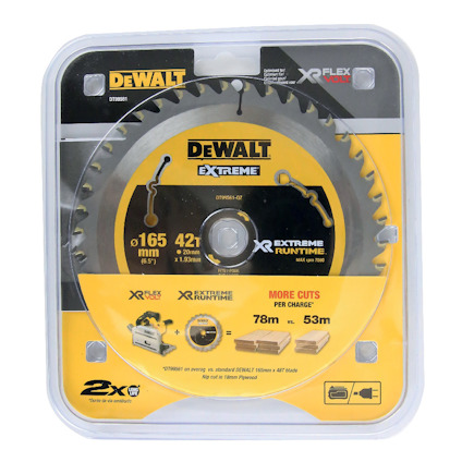 Förpackning med DeWalt cirkelsågklinga 165mm, 42 tänder, XR Extreme Runtime, förlängt snitt.