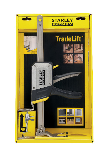 Förpackning av Stanley Fatmax TradeLift med bilder och instruktioner på gul och svart bakgrund.