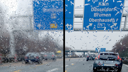 Vänster: Vått fönster med regndroppar. Höger: Motorväg med blå vägskyltar mot Köln, Düsseldorf, Bremen, Oberhausen.