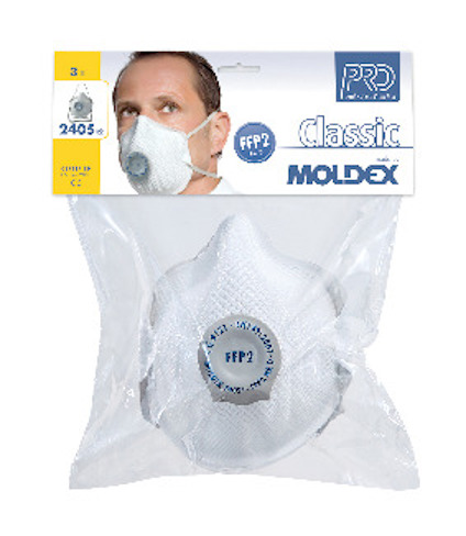 Förpackning med Moldex Classic FFP2-masker, texten "2405" och "PRD". Person som bär en mask visas på förpackningen.