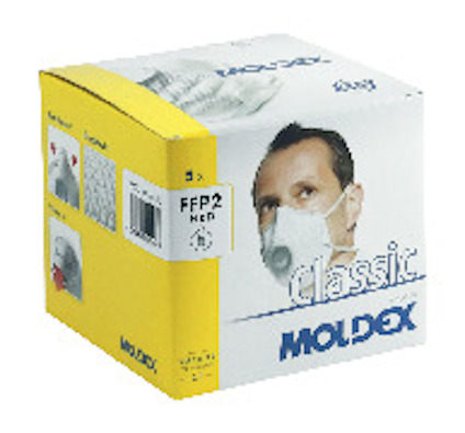 Förpackning med Moldex FFP2 NR D andningsskydd, gul och vit, med bild på person som bär masken. CE-certifierad.