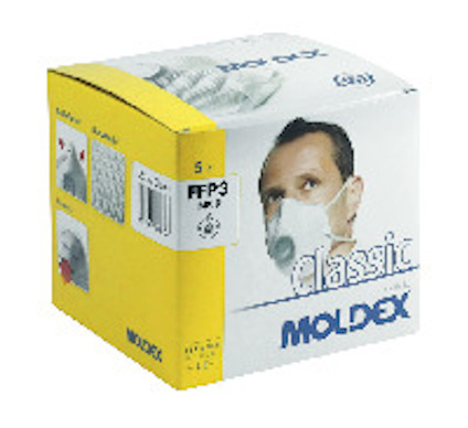 Förpackning med Moldex FFP3 NR D andningsskydd, 5 st. Bild på användare med mask på framsidan.