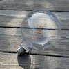 Glödlampa med synlig glödtråd ligger på träplankor i solljus.