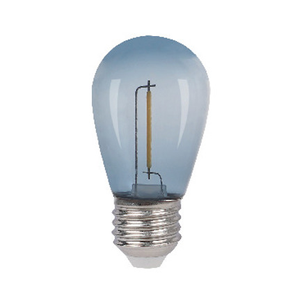 Glödlampa med blå glas och metallfattning.