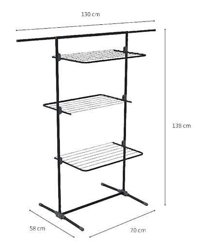 Svart torkställning med tre nivåer. Mått: 130 cm x 138 cm x 58 cm x 70 cm.