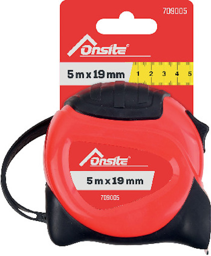 Röd och svart måttband med texten "5 m x 19 mm 709005" och Onsite-logotyp på förpackningen.