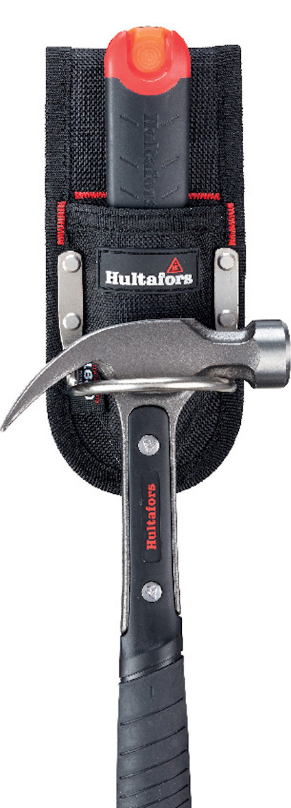 Hammare med svart handtag i hölster, delvis synlig Hultafors-logotyp.