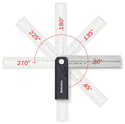 Vinkelmätare i metall med grader markerade: 45°, 90°, 135°, 180°, 225°, 270°. Text: "intools".