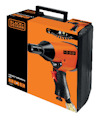 Förpackning innehållande en slagnyckelsats från Black+Decker, orangefärgad med svart handtag och tillbehörsvisning.