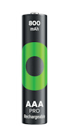 AAA-batteri med texten "800 mAh PRO Rechargeable" och en grön cirkeldesign på svart bakgrund.