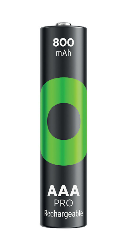 AAA-batteri med texten "800 mAh PRO Rechargeable" och en grön cirkeldesign på svart bakgrund.