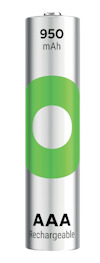 AAA-batteri, 950 mAh, med grön cirkel och texten "Rechargeable".