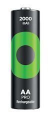 Svart AA-batteri med grönt mönster, 2000 mAh, "AA PRO Rechargeable" text.