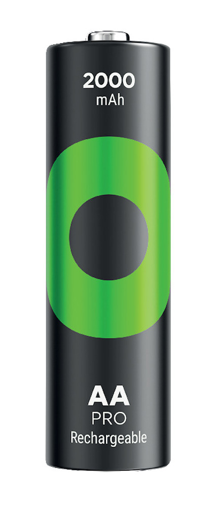 Svart AA-batteri med grönt mönster, 2000 mAh, "AA PRO Rechargeable" text.