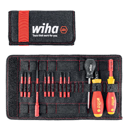 Verktygsset med skruvmejslar och bits i ett svart fodral med röd text "wiha Tools that work for you".