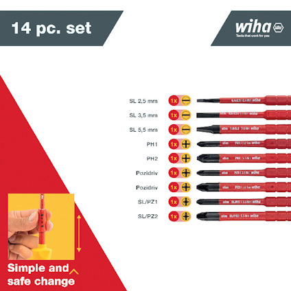 14 pc. set Wiha skruvmejslar med enkel och säker byte instruktion.