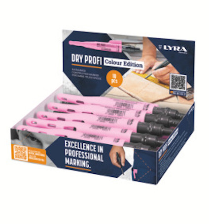 Displaylåda med rosa snickarpenna av märket LYRA. Text: "Dry Profi Colour Edition 10 pcs", "Excellence in professional marking".