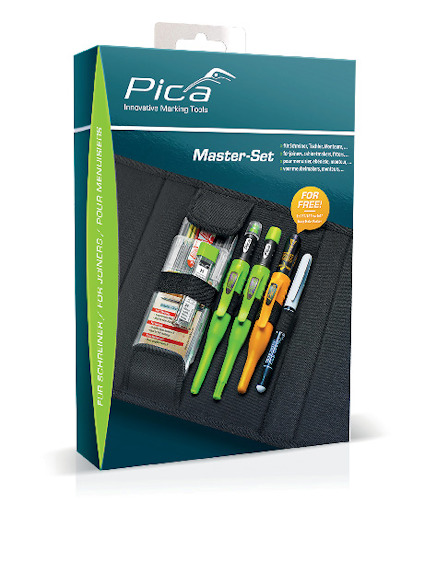 Förpackning av Pica Master-Set med olika markeringsverktyg i en svart förvaringsväska.