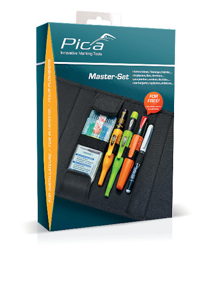 Förpackning med verktyg från Pica, inklusive olika pennor och markeringsverktyg i ett svart fodral.