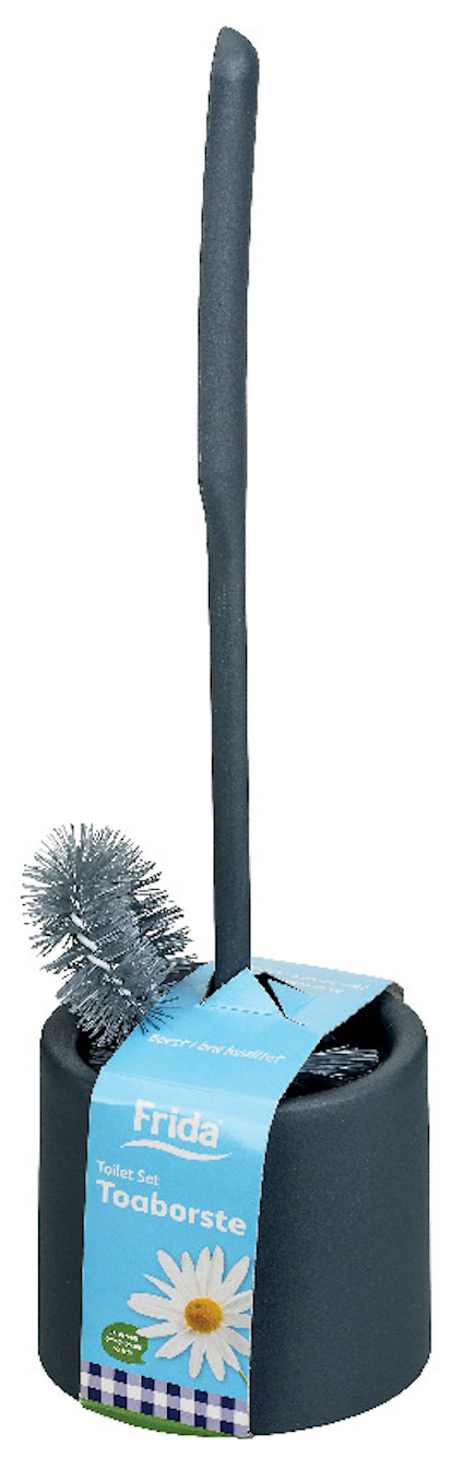 Grå toalettborste med hållare av märket Frida, etikett med text "Toaborste". Borsthuvud av plast.
