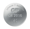 Litiumbatteri med texten "LITHIUM BATTERY GP CR 2016" och en ikon föreställande en vuxen och ett barn.